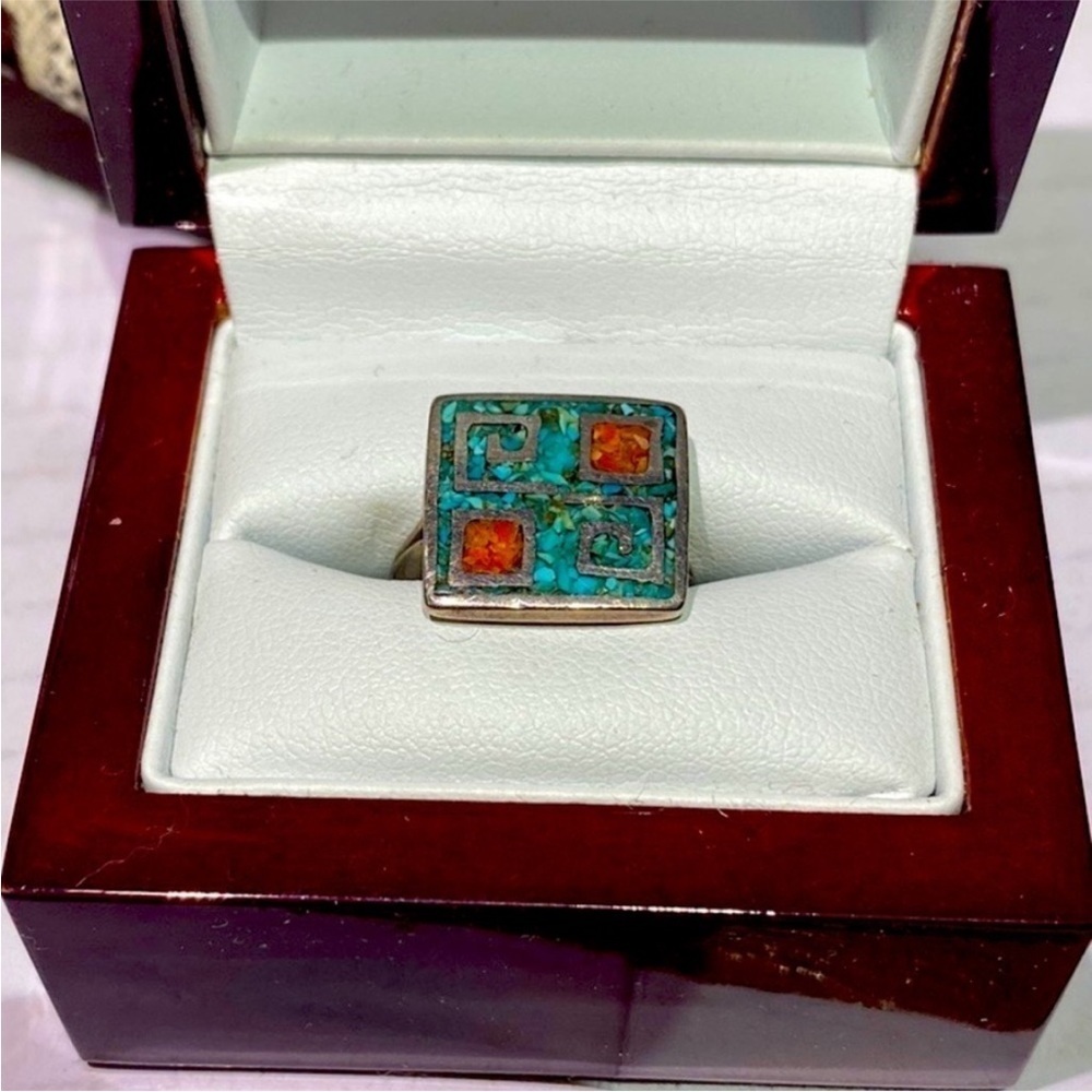 Sterling Coral Turquoise Inlay Ring